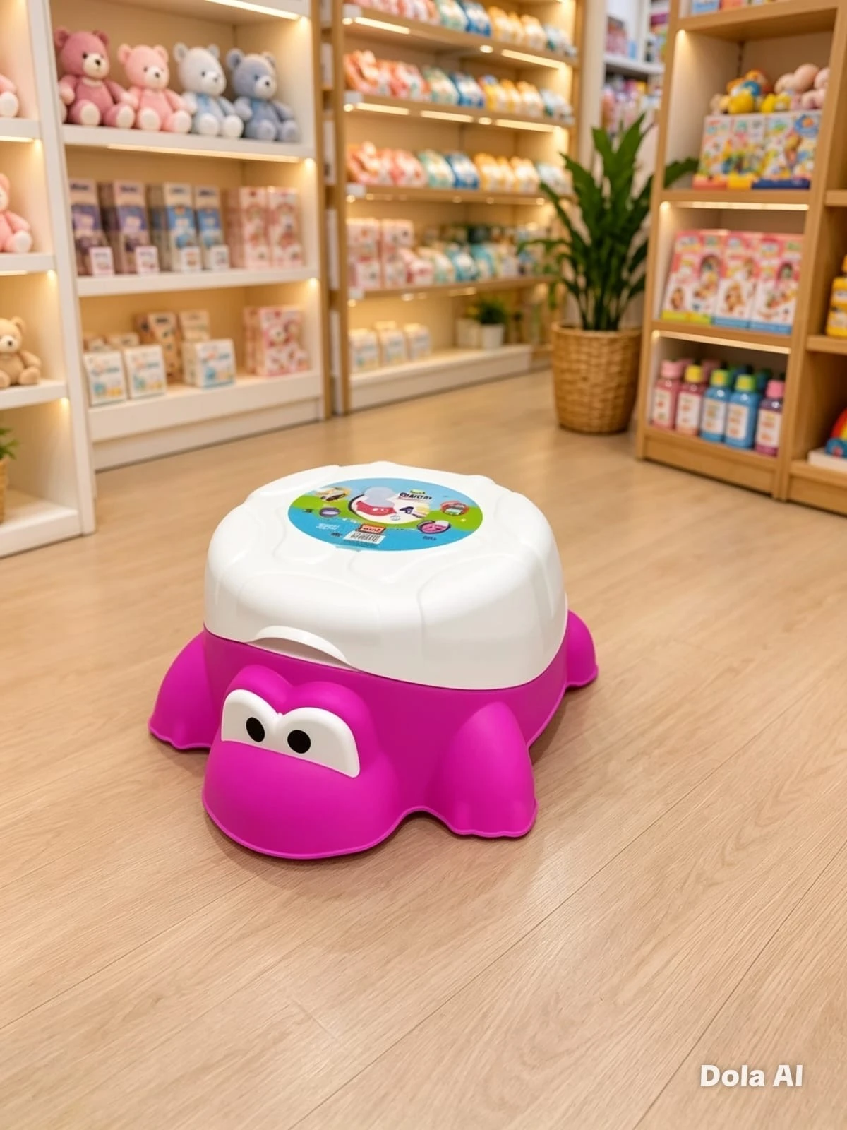 Orinal en forma de tortuga fucsia con tapa blanca y diseño de Doraemon, sobre piso de madera en tienda de artículos infantiles.