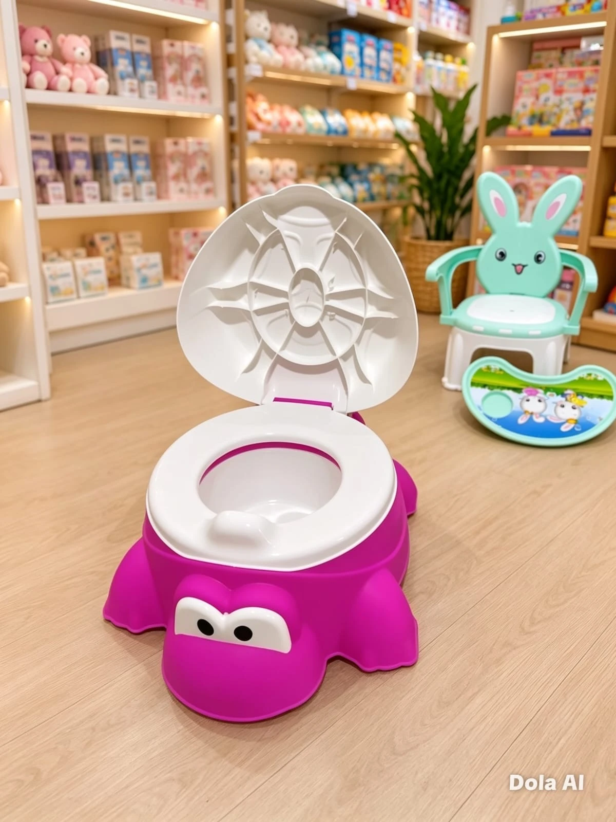 Orinal tortuga fucsia con tapa blanca y asiento blanco, diseñado para facilitar el control de esfínteres en bebés.
