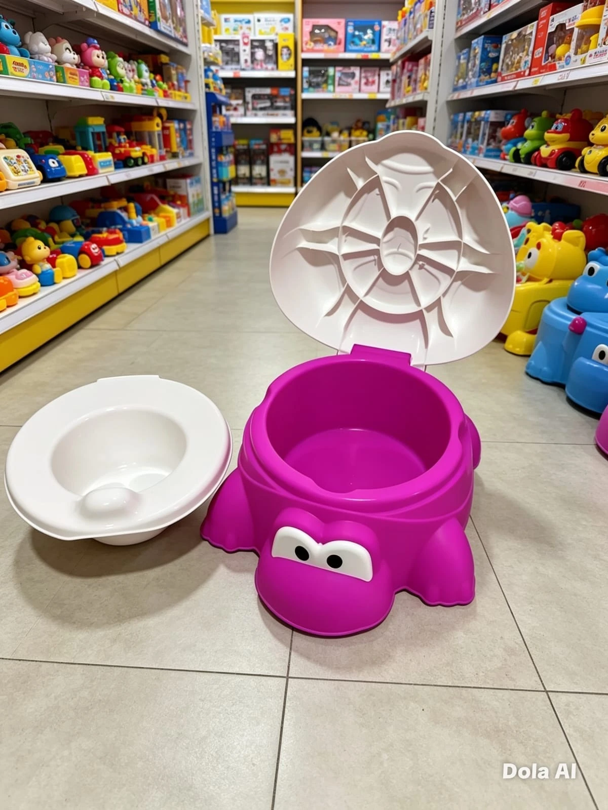Orinal para bebé en forma de tortuga fucsia con tapa blanca y asiento desmontable, ubicado en tienda de juguetes.