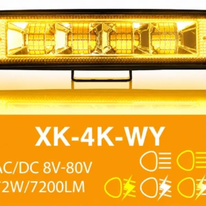Barra LED ámbar de 72W con estrobo, vista frontal. Iluminación intensa y reflectores visibles. Ideal para baja visibilidad.