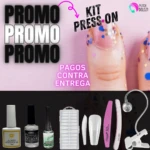 Kit de uñas en gel con esmalte, base, top coat, adhesivos, lima, pinza y aplicador para manicura casera.