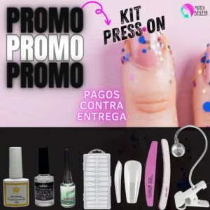 Kit de uñas en gel con esmalte, base, top coat, adhesivos, lima, pinza y aplicador para manicura casera.