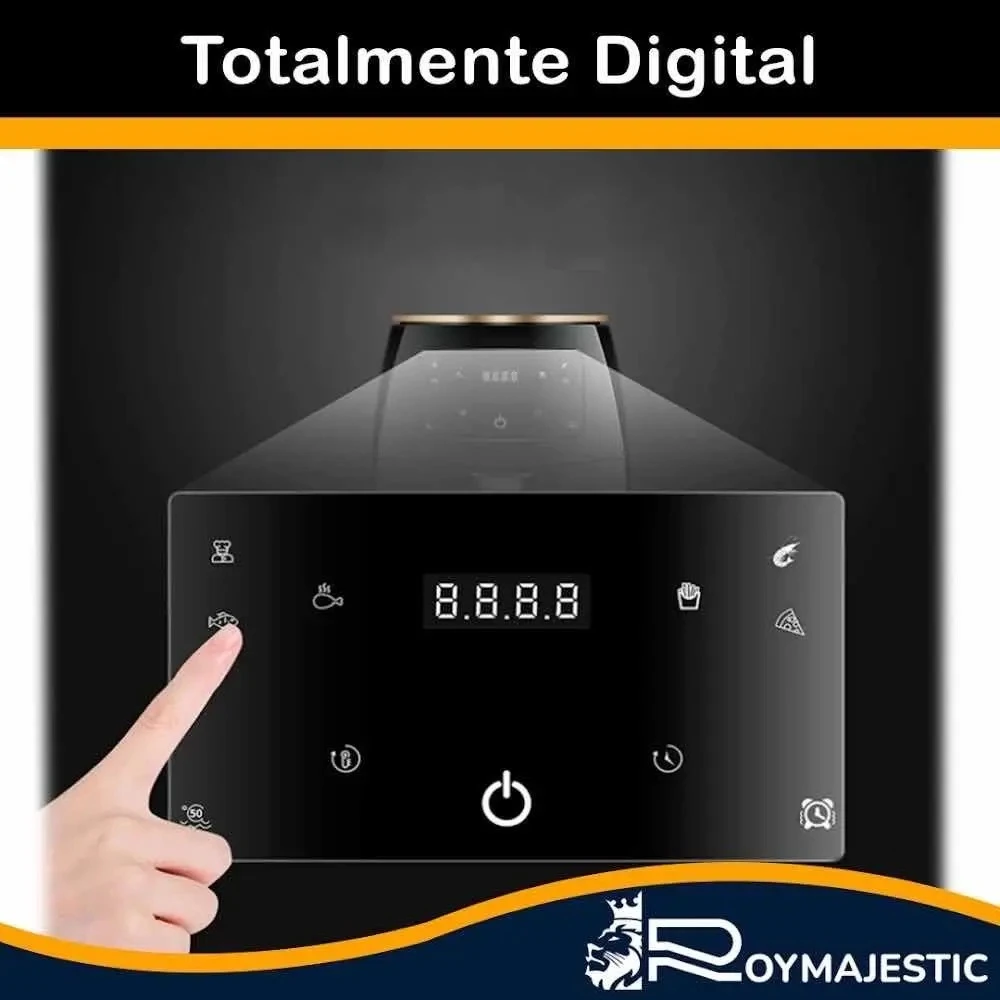 Freidora de aire digital 6L con panel táctil negro, mostrando pantalla LED y botones de control, con mano presionando botón lateral.