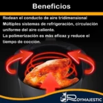 Freidora de aire Roymajestic mostrando pollo dorado cocinándose con flujo de aire tridimensional y sistema de refrigeración múltiple.