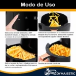 Instrucciones de uso de la Freidora de Aire Digital 6L con panel táctil: precalentamiento, carga de ingredientes y retiro de cesta con patatas fritas doradas.