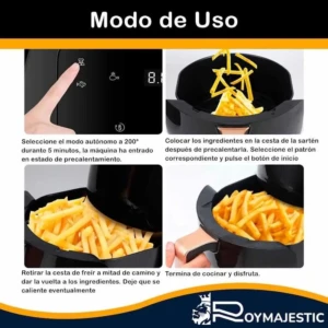 Instrucciones de uso de la Freidora de Aire Digital 6L con panel táctil: precalentamiento, carga de ingredientes y retiro de cesta con patatas fritas doradas.