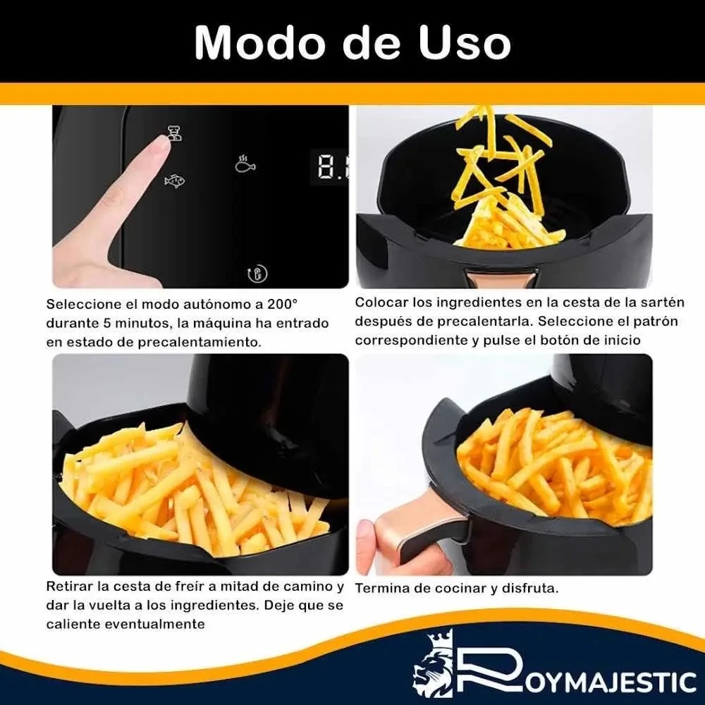 Instrucciones de uso de la Freidora de Aire Digital 6L con panel táctil: precalentamiento, carga de ingredientes y retiro de cesta con patatas fritas doradas.
