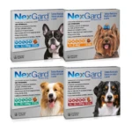 Cuatro cajas de Nexgard para perros, mostrando variantes por peso: 4,1-10 kg, 10,1-25 kg y 25,1-50 kg. Cada caja incluye de perro correspondiente y dos tabletas masticables visibles en la parte frontal.