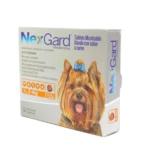 Caja de Nexgard para perros de 2 a 4 kg, con sabor a carne, mostrando una perrita Yorkshire con moño azul. Incluye 1 tableta masticable.