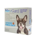 Caja de Nexgard para perros de 4,1 a 10 kg, con sabor a carne. Incluye una tableta masticable y muestra un perro francés bulldog.
