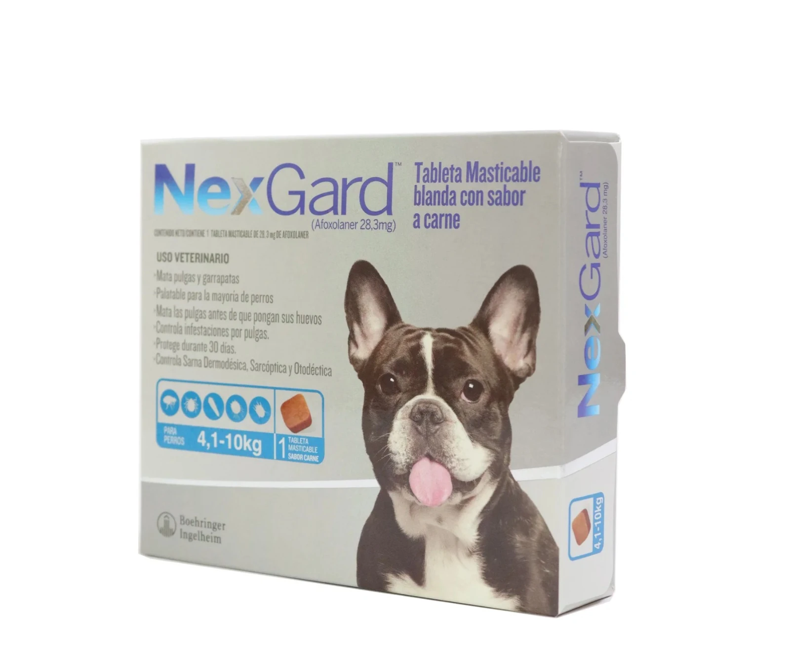 Caja de Nexgard para perros de 4,1 a 10 kg, con sabor a carne. Incluye una tableta masticable y muestra un perro francés bulldog.