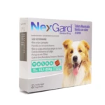 Caja de Nexgard para perros de 10,1 a 25 kg, con sabor a carne. Incluye una tableta masticable para eliminar pulgas, garrapatas y sarna en 30 días.