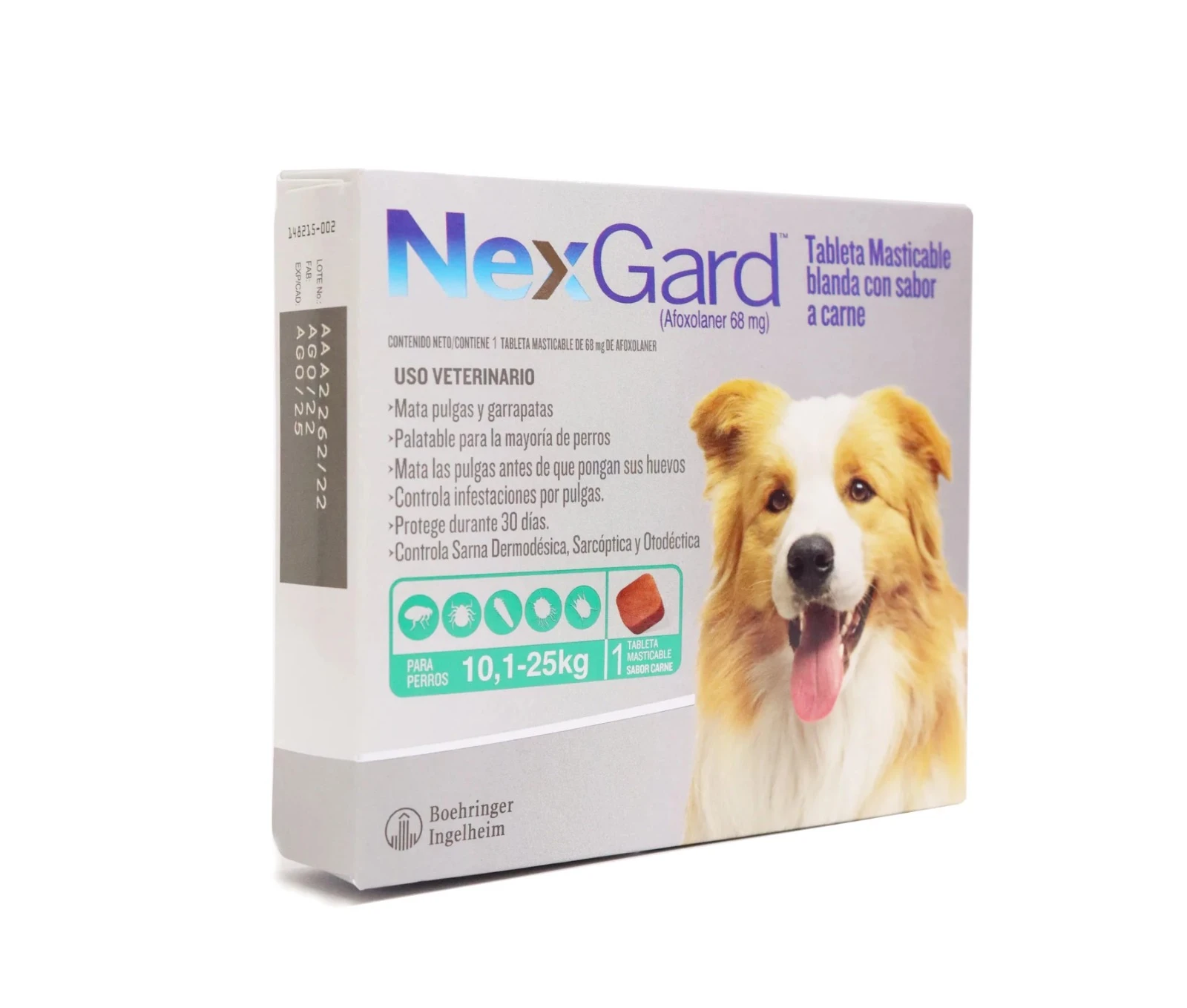 Caja de Nexgard para perros de 10,1 a 25 kg, con sabor a carne. Incluye una tableta masticable para eliminar pulgas, garrapatas y sarna en 30 días.