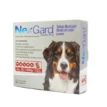 Caja de Nexgard para perros, tableta masticable sabor carne, 25,1-50 kg, con de perro tricolor y detalles de uso veterinario.