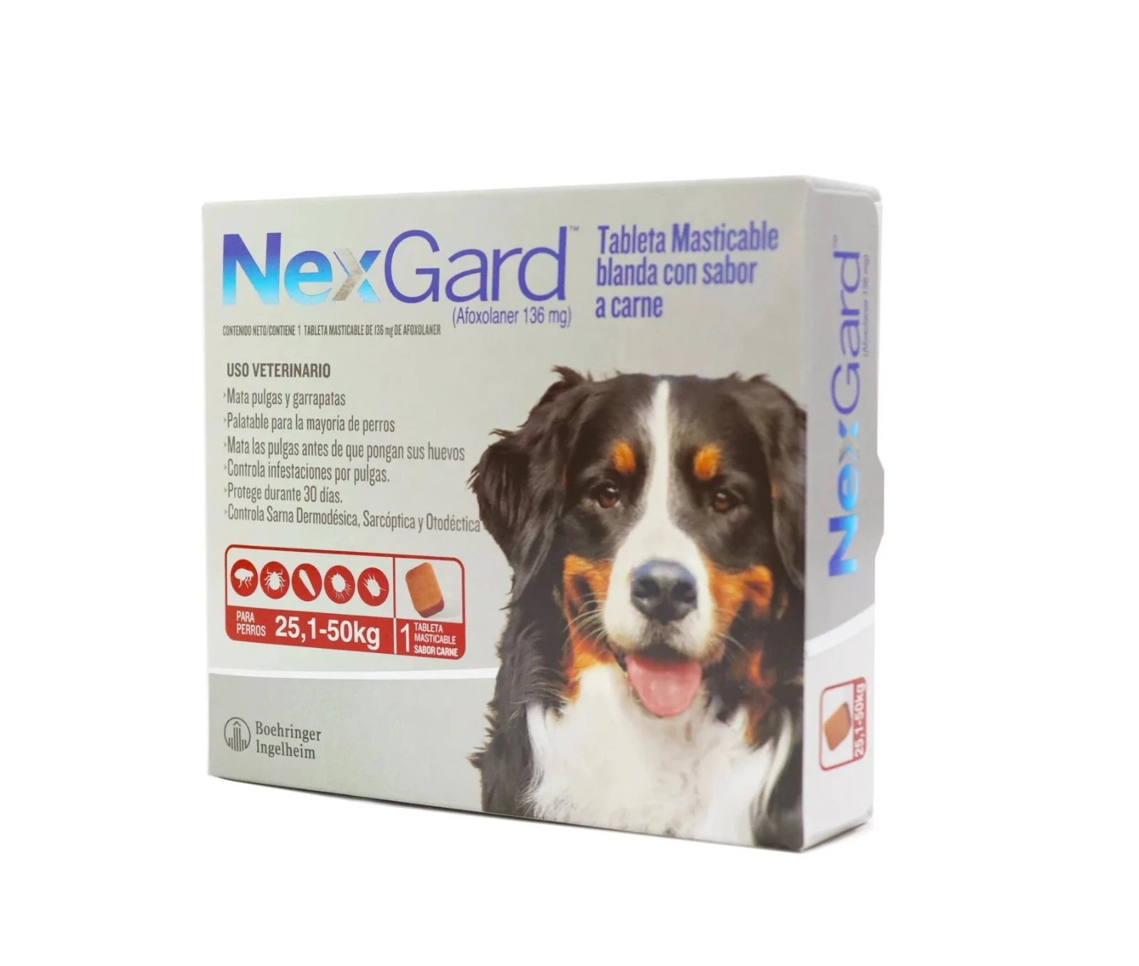 Caja de Nexgard para perros, tableta masticable sabor carne, 25,1-50 kg, con de perro tricolor y detalles de uso veterinario.