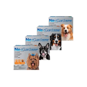 Cuatro cajas de Nexgard para perros, en tonos grises y azules, con fotos de razas caninas y etiquetas que indican peso y protección contra pulgas, garrapatas y sarna.
