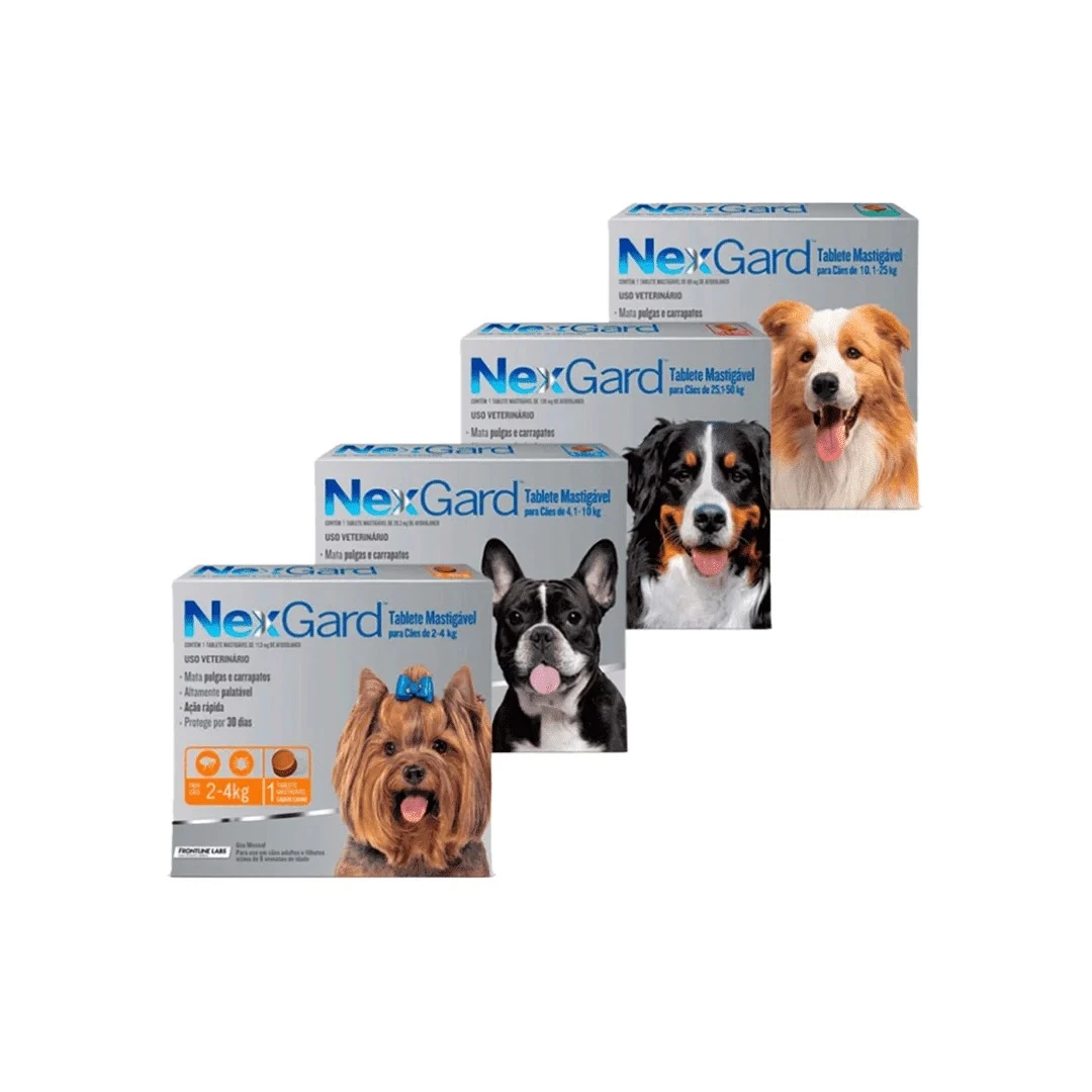 Cuatro cajas de Nexgard para perros, en tonos grises y azules, con fotos de razas caninas y etiquetas que indican peso y protección contra pulgas, garrapatas y sarna.