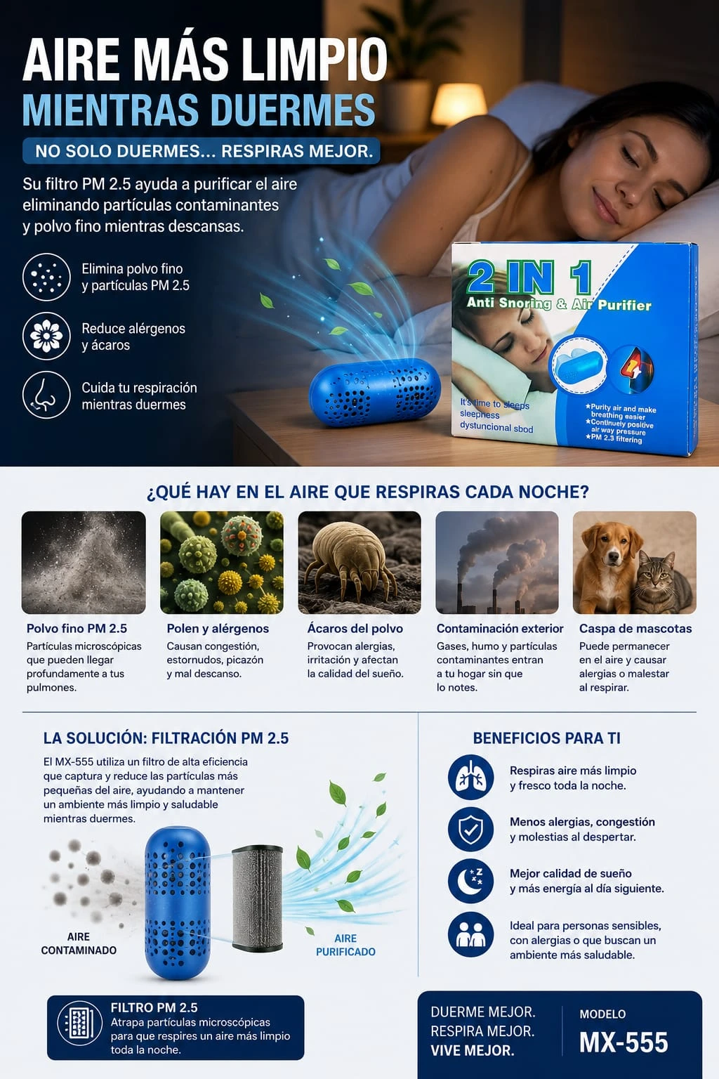 Purificador de aire MX-555 en caja azul con de mujer durmiendo, filtro PM 2.5 y botones de control visibles.