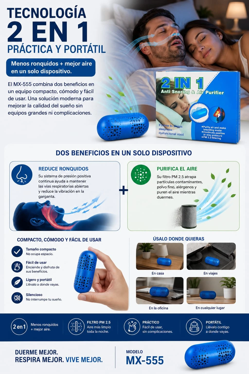 Dispositivo antirronquidos MX-555 en color azul, con diseño compacto y portátil, mostrando su caja de presentación y una pareja durmiendo tranquilamente.