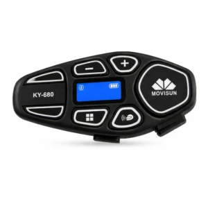 Intercomunicador Bluetooth KY-680 de Movisun, color negro con pantalla azul y botones de control para uso en motocicleta.