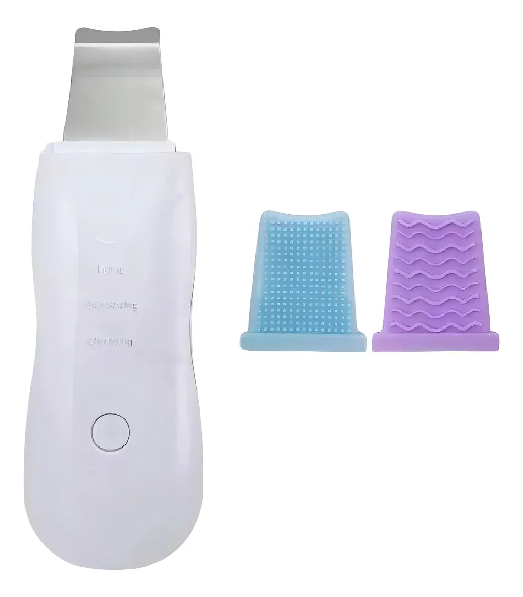 Paleta ultrasónica facial blanca con cabezal metálico, acompañada de dos accesorios intercambiables: uno azul con textura de puntas y otro morado con diseño ondulado.