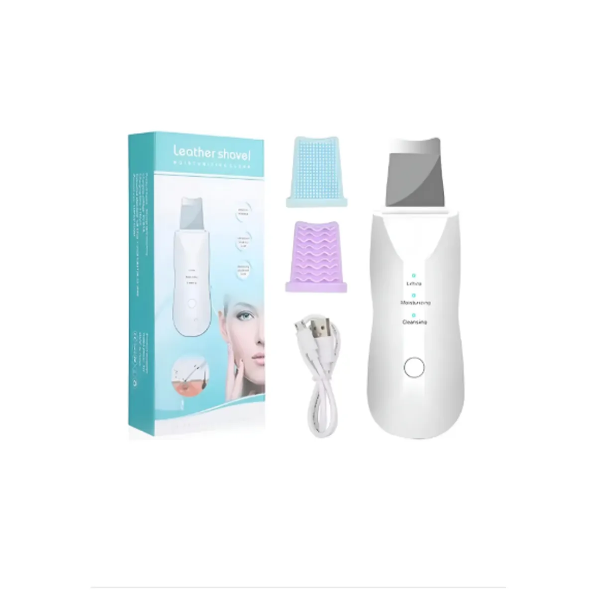 Paleta ultrasónica facial blanca con tres cabezales intercambiables, cable USB y caja de presentación azul claro.