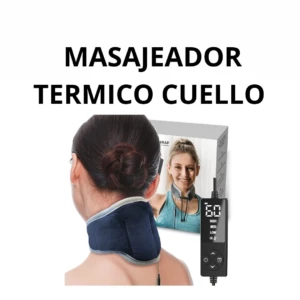Masajeador térmico para cuello en color azul marino, con control remoto digital y caja de presentación visible.