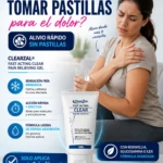 Tubo de gel Clear Zal Fast Acting Clear, 30 ml, con etiqueta blanca y azul, mostrando mujer aplicándolo en hombro para alivio muscular y articular.