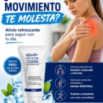 Tubo blanco de 30 ml de Clear Zal Fast Acting Clear, con etiqueta azul y texto en español, acompañado de hielo y hojas de menta. Muestra mujer con dolor en hombro, de alivio muscular y articular.