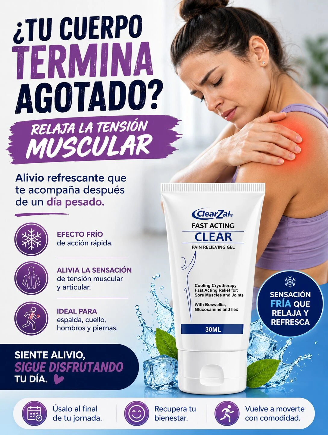 Tubo de 30 ml de ClearZal Fast Acting Clear, gel para alivio del dolor muscular y articular con efecto frío.