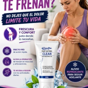 Tubo de 30 ml de Clear Zal Fast Acting Clear, gel refrescante para alivio del dolor muscular y articular, con de mujer sosteniendo rodilla y elementos gráficos de frío.