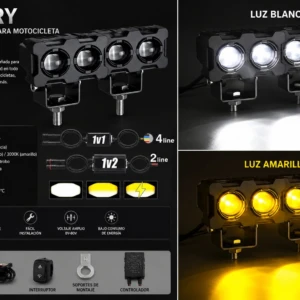 Luz LED auxiliar para motocicleta XHR-JRY con cuatro diodos, disponible en blanco y amarillo, con estrobo y control remoto. Incluye cable de conexión, interruptor y soporte.