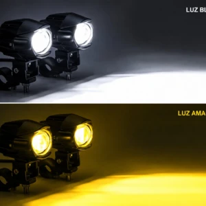 Faro LED auxiliar moto JRY-10 de 100W, mostrando dos configuraciones: luz blanca y luz amarilla, con proyección frontal sobre superficie oscura.