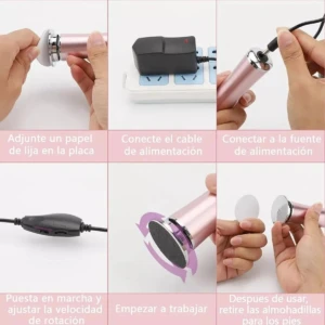 Pulidor eléctrico rosa con discos intercambiables, mostrando conexión a fuente de alimentación, ajuste de velocidad y uso en pies.