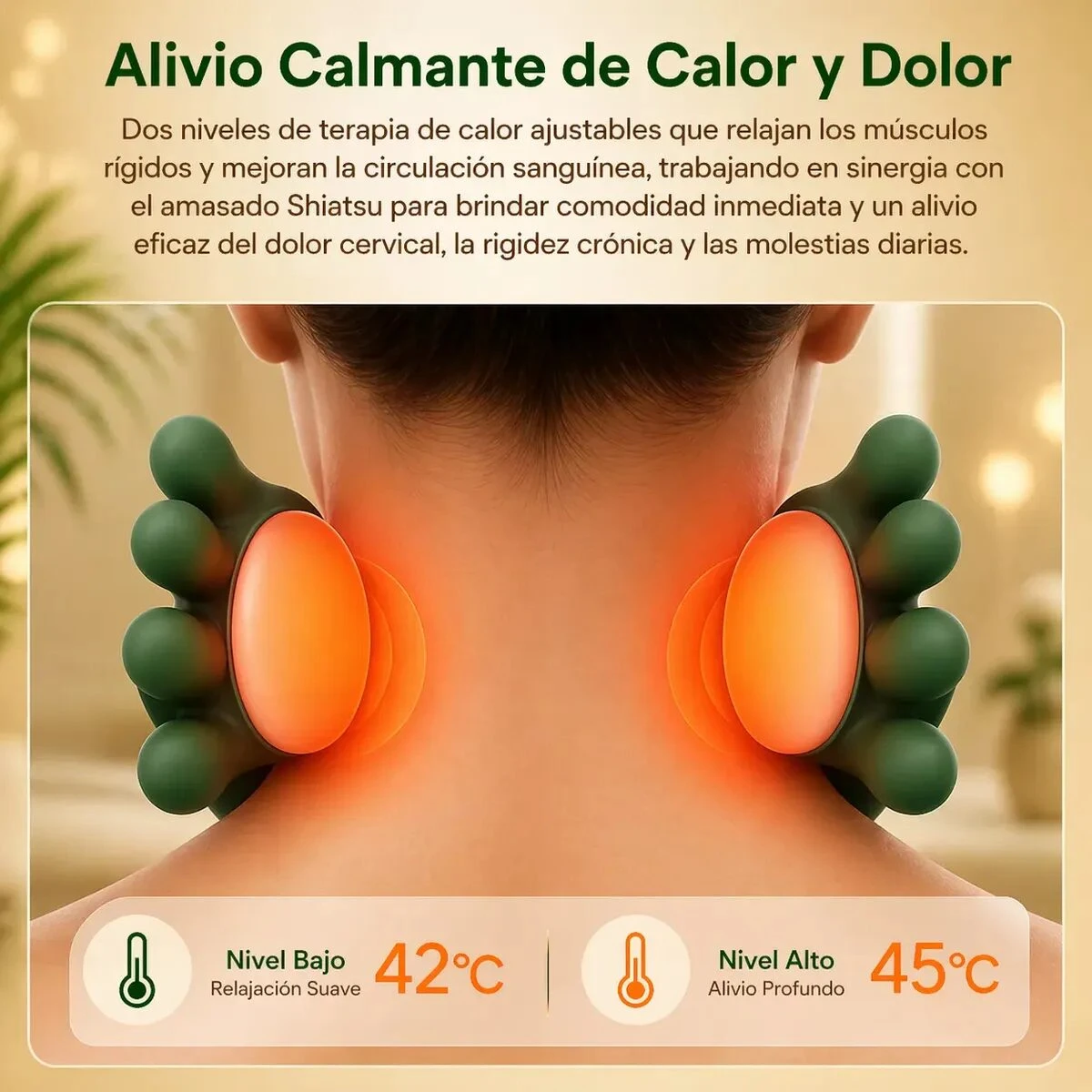 Masajeador inalámbrico de cuello y espalda con calor Shiatsu, en color verde oscuro, aplicado sobre la nuca de una persona. Muestra dos niveles de temperatura: bajo (42°C) y alto (45°C), con efecto de calor visible en la zona cervical.