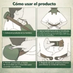 Instrucciones ilustradas para usar el masajeador de cuello y espalda inalámbrico con calor Shiatsu, mostrando colocación, ajuste de correas, activación y liberación de la correa.