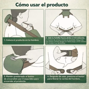 Instrucciones ilustradas para usar el masajeador de cuello y espalda inalámbrico con calor Shiatsu, mostrando colocación, ajuste de correas, activación y liberación de la correa.