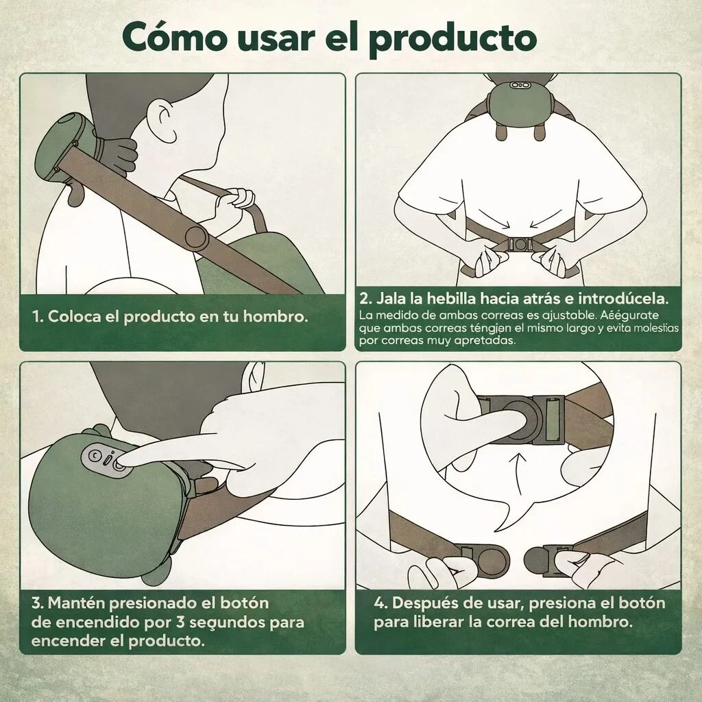 Instrucciones ilustradas para usar el masajeador de cuello y espalda inalámbrico con calor Shiatsu, mostrando colocación, ajuste de correas, activación y liberación de la correa.