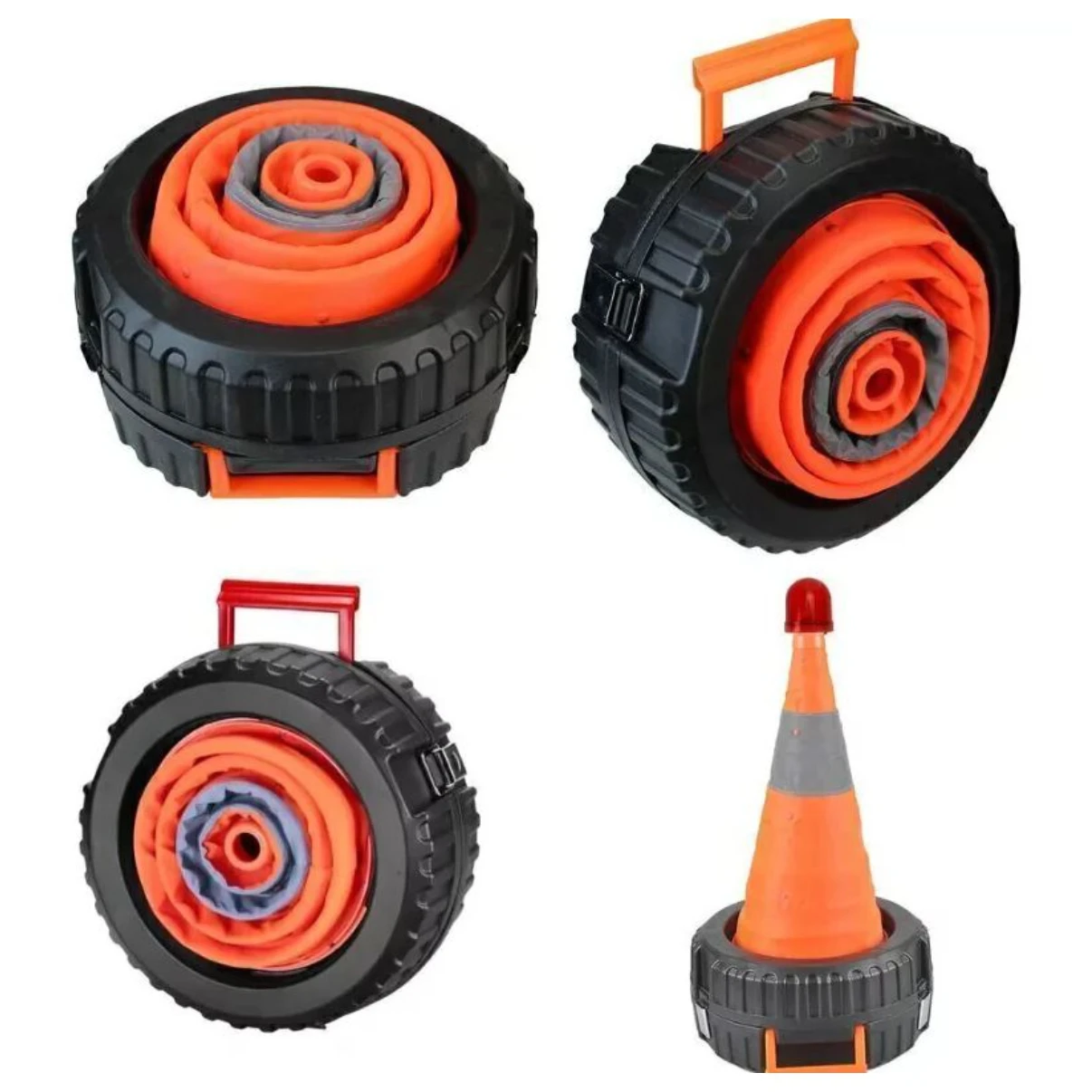 Cuatro ruedas de emergencia plegables con mango, en negro y naranja, mostrando diferentes ángulos y una variante con cono de tráfico integrado.