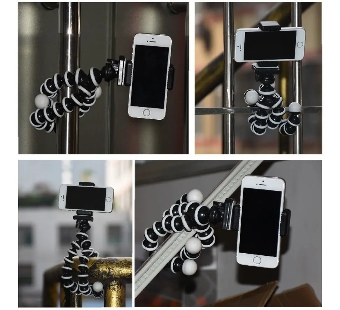 Trípode pulpo flexible negro con soporte para smartphone, mostrando su adaptabilidad en múltiples superficies y ángulos.