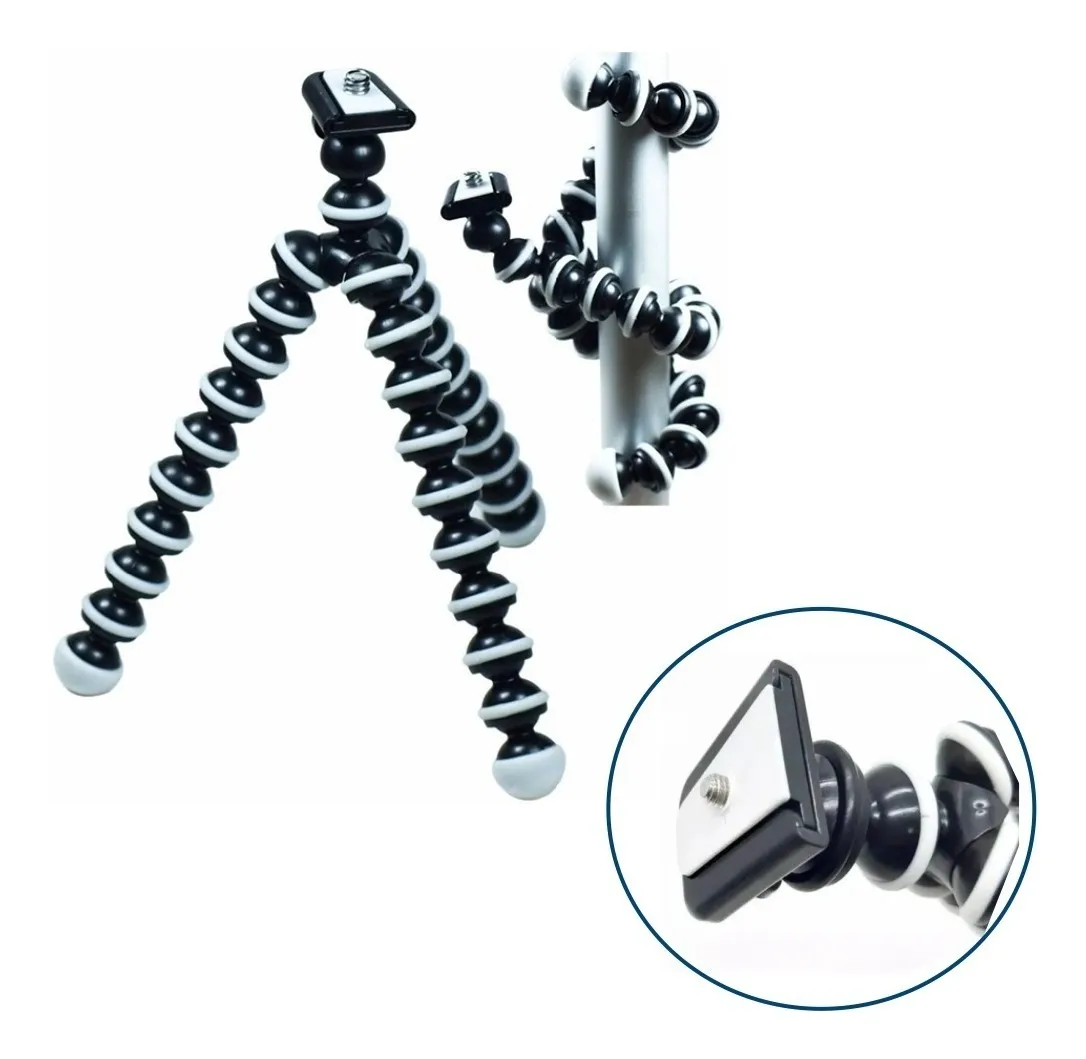 Trípode flexible Beston 813 en negro y blanco, con cabeza de montaje para smartphone y vista detallada de su articulación.