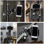 Trípode pulpo flexible negro con soporte para smartphone, mostrando su articulación en cuatro ángulos distintos sobre superficies metálicas y de madera.