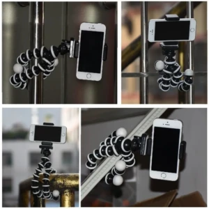 Trípode pulpo flexible negro con soporte para smartphone, mostrando su articulación en cuatro ángulos distintos sobre superficies metálicas y de madera.