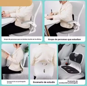 Soporte lumbar ergonómico en color negro con fundas blancas, mostrado en uso en oficina, estudio y auto. Diseño acolchado con contornos para la espalda baja.