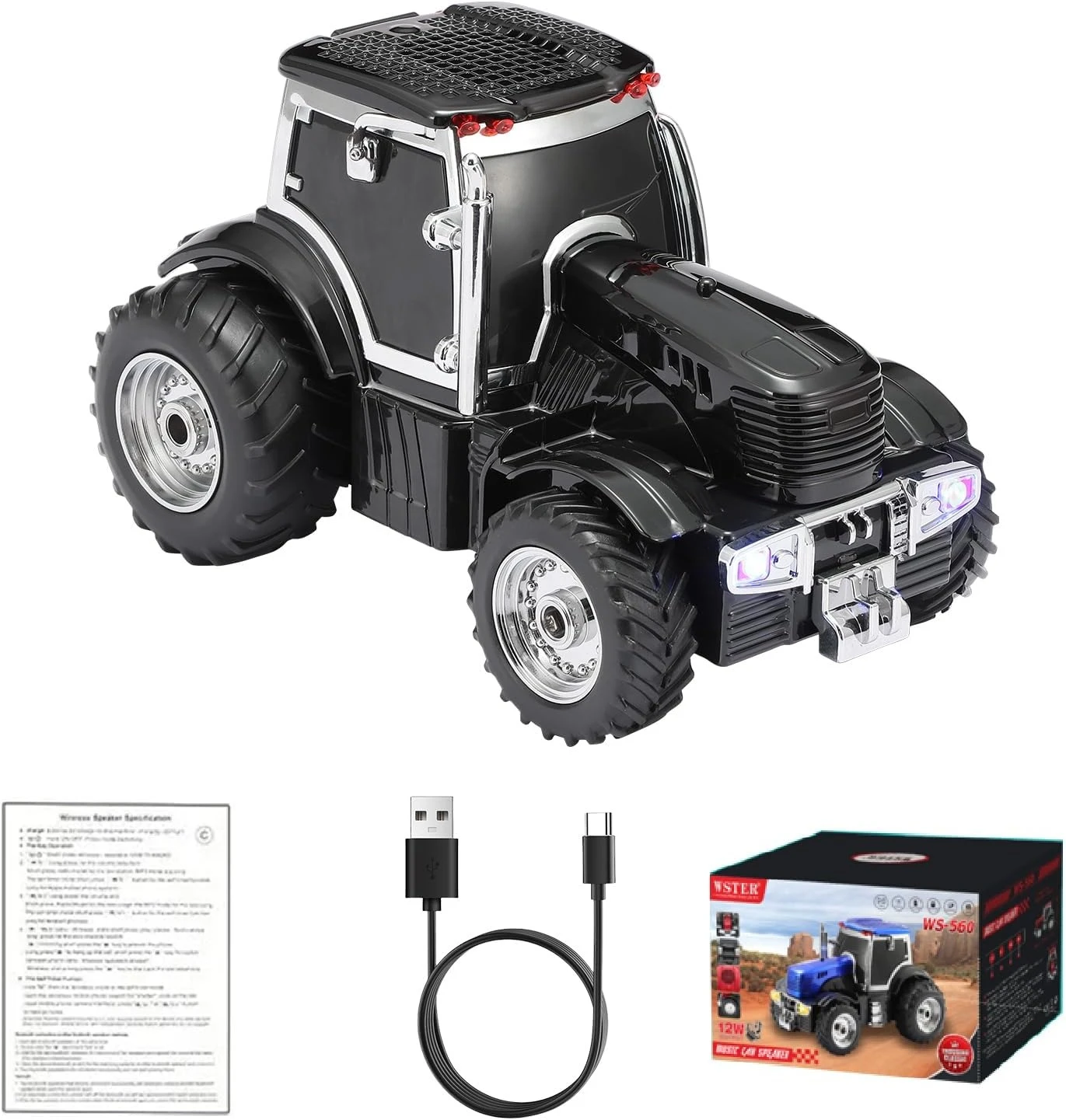 Altavoz portátil New Holland T8 WS-560 en color negro con detalles plateados, acompañado de cable USB y manual. Caja de presentación incluida.