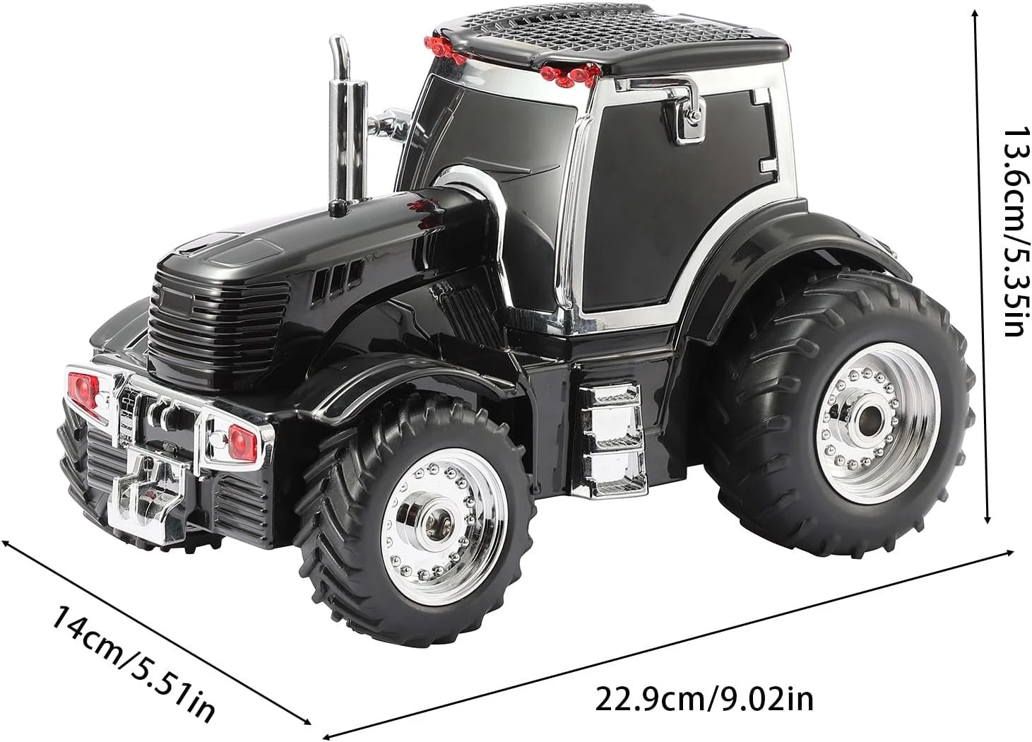 Tractor New Holland T8 WS-560 en negro brillante con detalles cromados, ruedas grandes y medidas de 22.9 cm de largo por 13.6 cm de alto, ideal para fiestas infantiles.