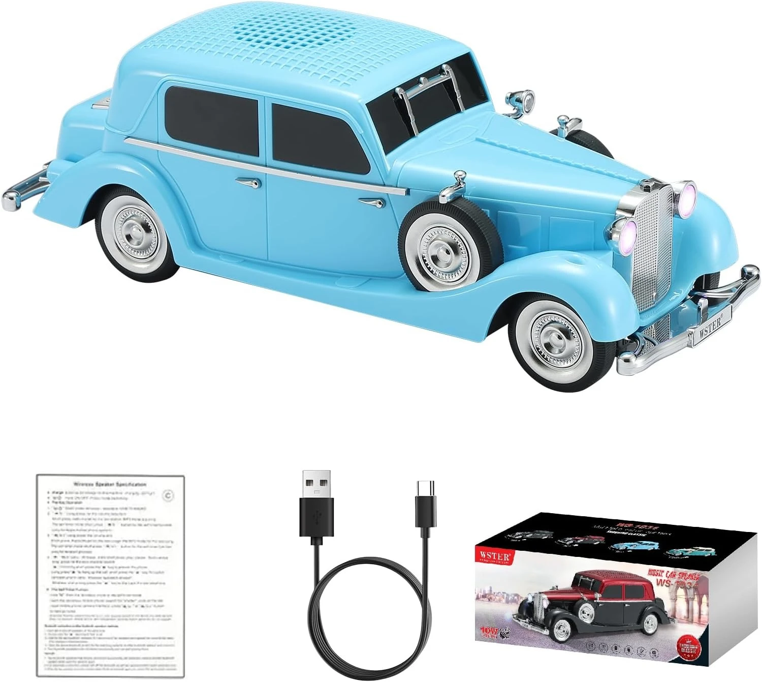 Carro parlante Mercedes-Benz 770 en color azul claro, con luces LED y cable USB incluido.