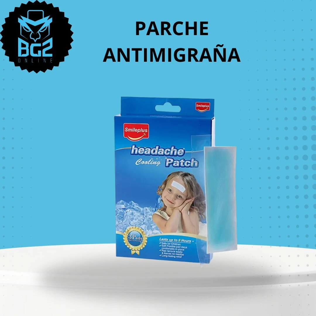 Pack de tres parches antimigraña Smileplus en caja azul con de niña aplicando uno en frente, diseño enfocado en alivio de dolores de cabeza con efecto refrescante.