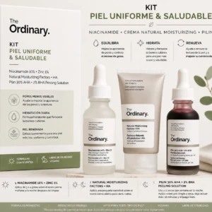 Kit cuidado facial The Ordinary con tres productos: suero de niacinamida, crema hidratante y solución exfoliante, sobre fondo claro con detalles en verde y texto informativo.