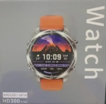 Reloj inteligente HD300 de 47 mm con correa naranja y pantalla AMOLED, mostrando hora, pasos, ritmo cardíaco y batería al 100%.